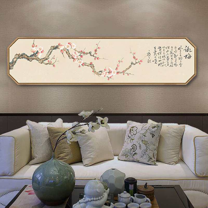 百卉俏枝头 新中式卧室装饰画工笔花鸟字画横八边形室内房间挂画