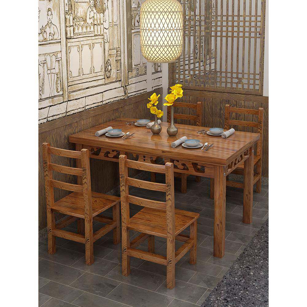 烧烤早餐面馆饭店火锅桌椅组合实木餐桌椅餐桌食堂雕花小吃店碳化