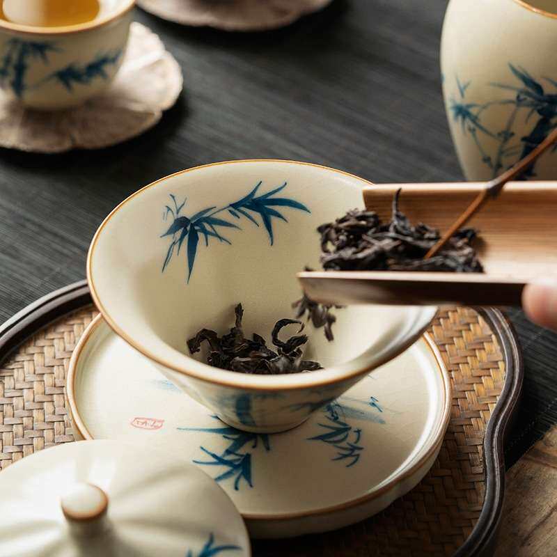 汝窑手绘斗笠三才盖碗单个大号家用陶瓷手工茶碗带盖茶具茶杯