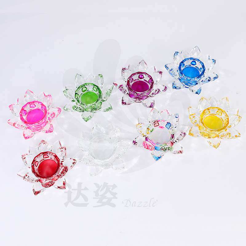 水晶玻璃工艺品莲花烛台带灯底旋转七彩客厅蜡烛台家用供灯摆件