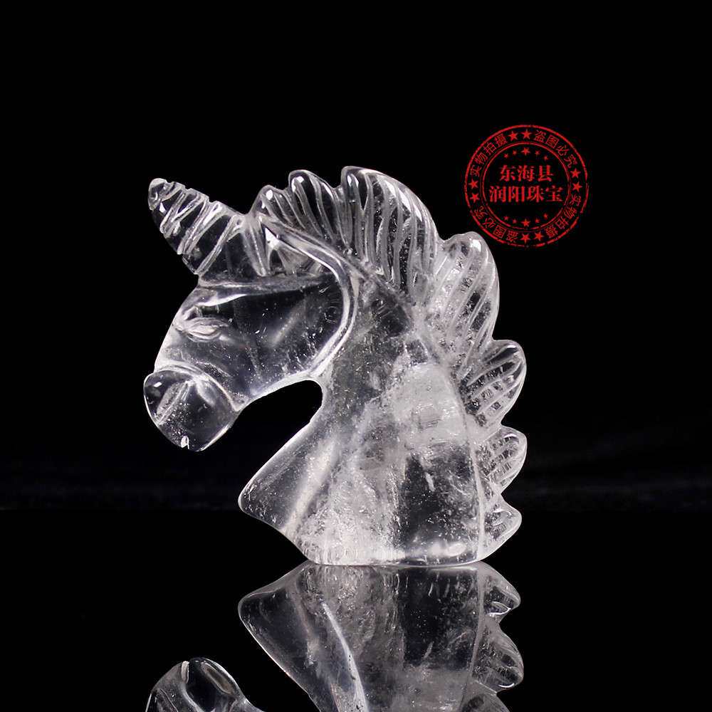 天然石英白水晶手工雕刻独角兽2英寸半宝石外贸工艺品摆件