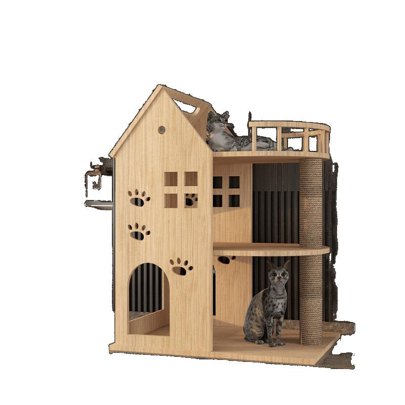 猫别墅猫爬架实木一体猫抓柱三层猫窝猫城堡处理跨境工厂外贸