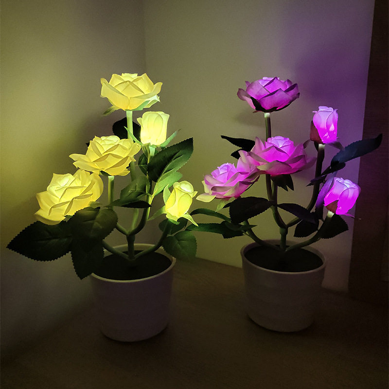 跨境新款太阳能玫瑰花灯led玫瑰花盆灯家居装饰氛围台灯创意夜灯