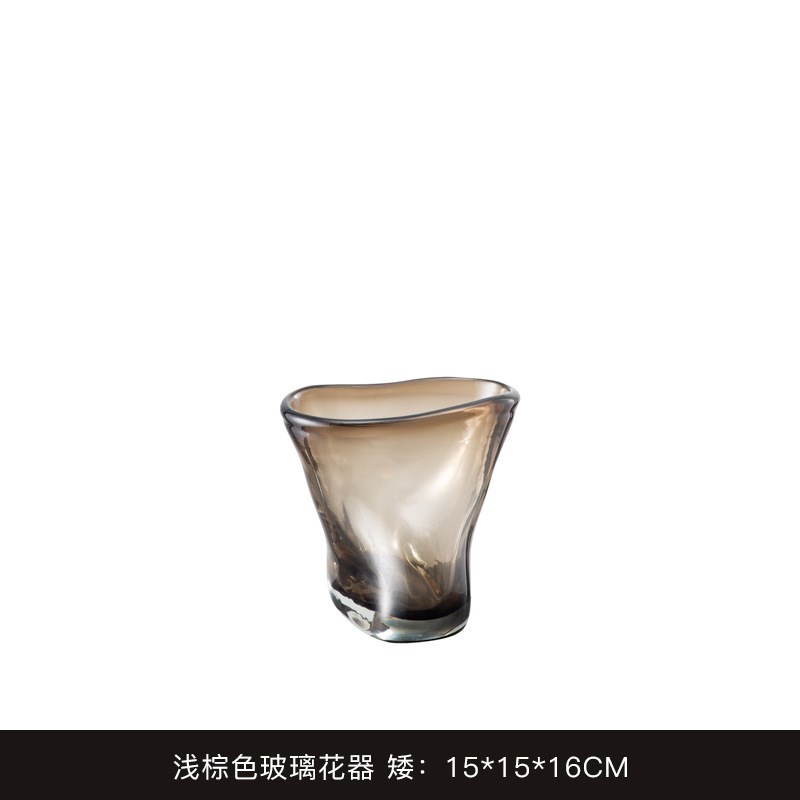 现代家居扁款咖色敞口插花玻璃花瓶水培容器创意桌面W玄关客厅摆