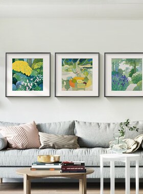 欧式客厅沙发背景装饰画抽象绿色风景餐厅挂O画酒店简约方形壁画