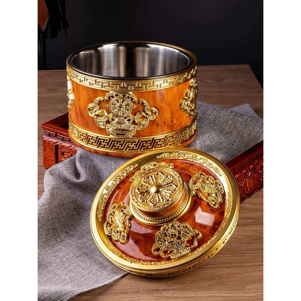 藏式糌粑盒酥油桶牛奶青稞塑料储物罐家用八吉祥摆件不锈钢内胆