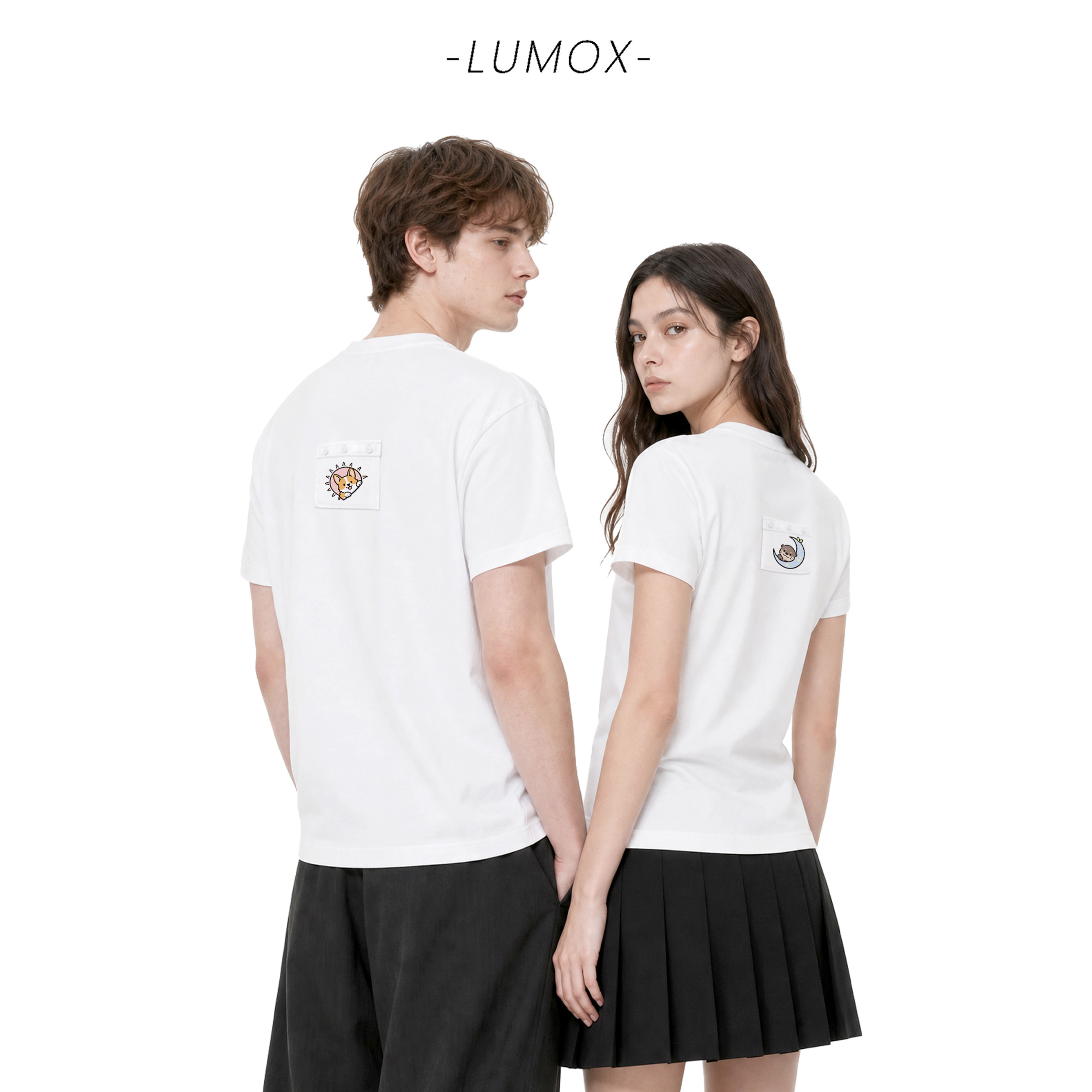 LUMOX路摩斯情侣款限定短袖可拆卸布贴圆领T恤纯棉白休闲日常上衣