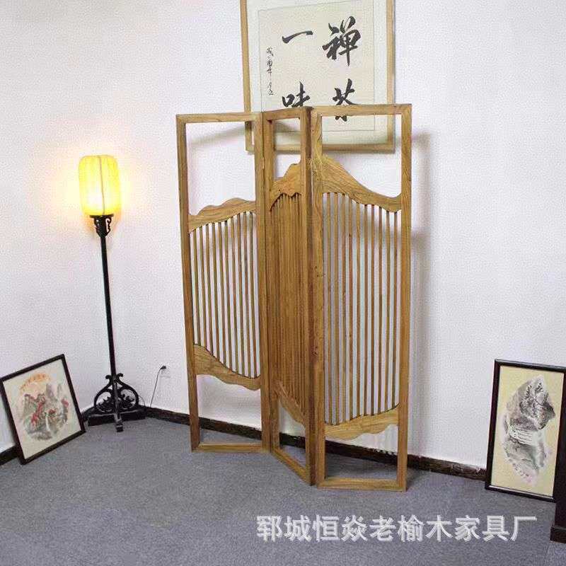 实木新中式屏风老榆木 禅意隔断折叠屏风座屏办公花窗商用屏风