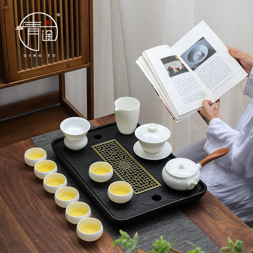 中国白羊脂玉瓷纯白侧把壶盖碗中式茶具大套装13头家用办公泡茶器