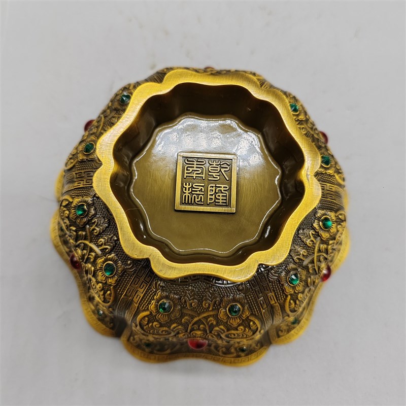 铜六瓣花边c缠枝纹合金仿铜碗手工打造镶嵌宝石花开富贵碗复古摆