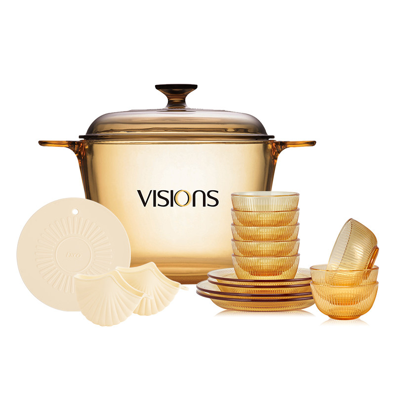 康宁餐具visions晶彩双耳玻璃透明锅汤锅餐具16件套家用炖锅套装图片