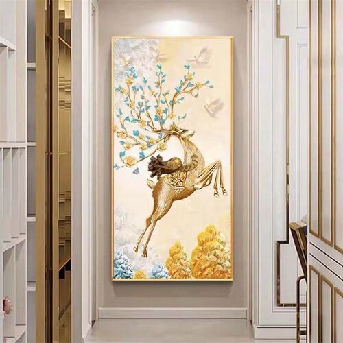 入户玄关装饰画走廊墙壁画竖版现代简约北欧客厅麋鹿晶Y瓷镶钻挂
