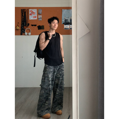 美式复古多口袋迷彩弯刀裤