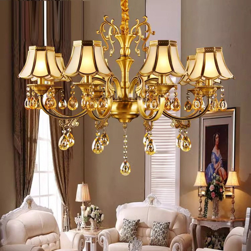 北欧式全铜水晶吊灯饰别墅客厅卧室现代法式美式铜艺铜质灯具