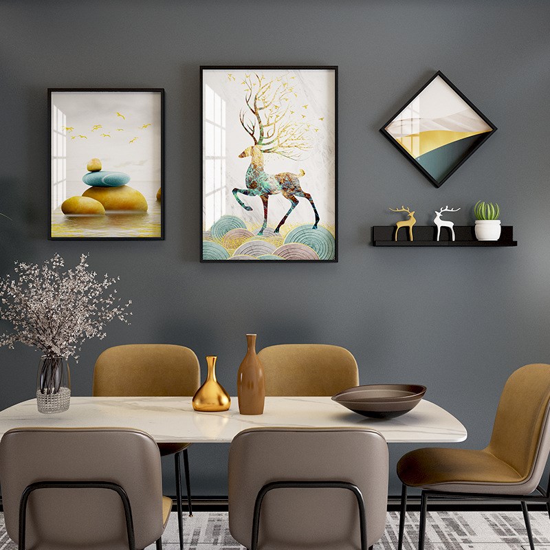 新中式餐厅3框晶l瓷招财鹿铝合金装饰画置物架组合金属水晶膜画框
