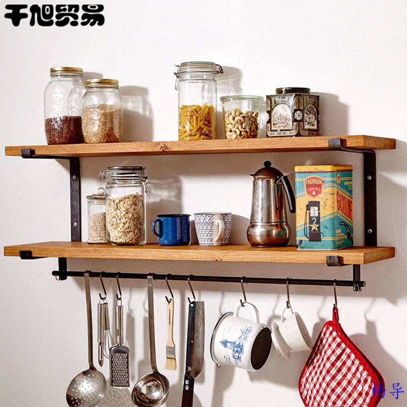 厨房墙体收纳壁挂调味料铁艺实木墙壁隔板餐厅墙上杯子挂钩置物架