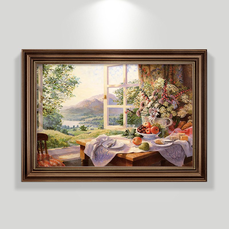 餐厅装饰画美式风景餐桌墙面挂画法式复古玄关入户壁画欧式喷绘画