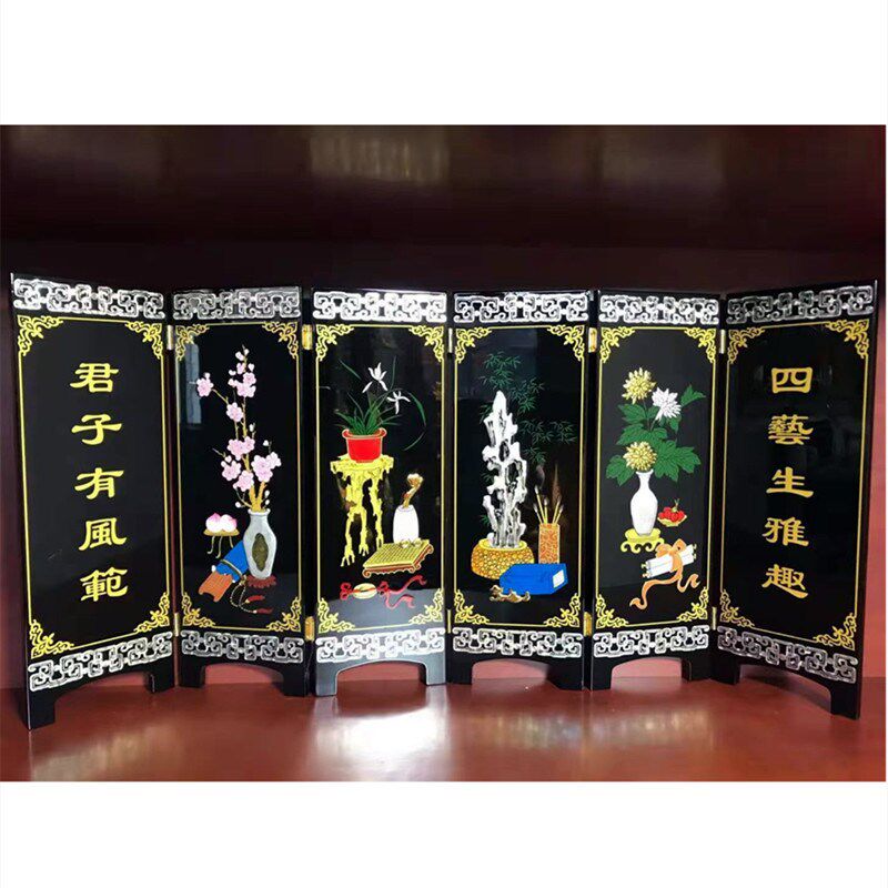 手工彩绘创意漆器木质小桌屏山西风光漆画梅兰竹菊折叠屏风摆件礼