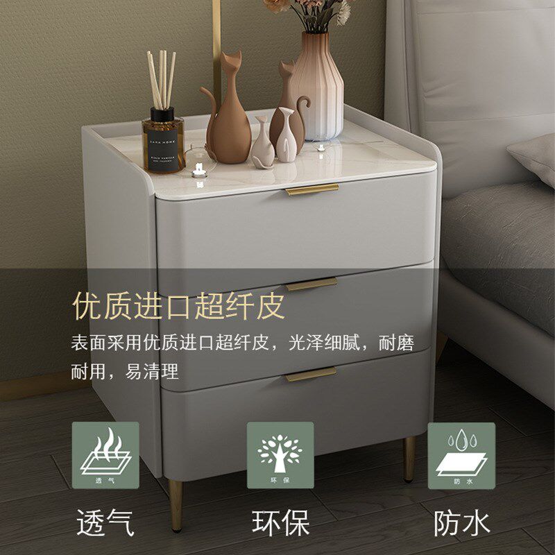 南康家具实木床头柜奶油风现代简约轻奢皮质卧室床边岩板置物柜