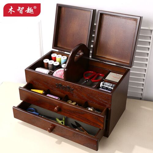 跨境货源木质复古创意针线盒大号收纳箱桌面物品收纳储物盒抽屉式