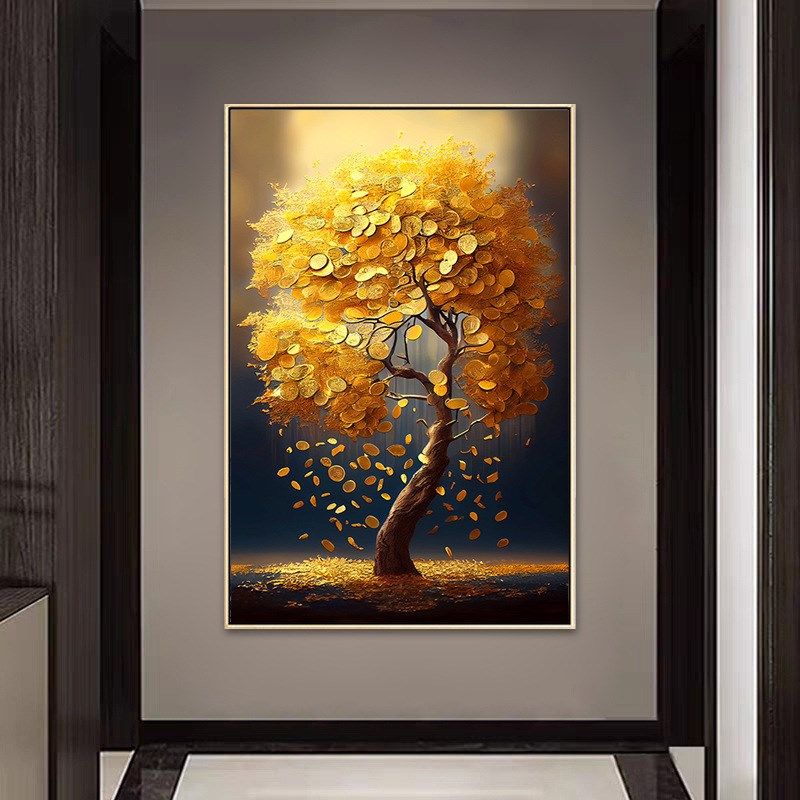 新中式玄关装饰画抽象轻奢简约发财树肌理感入户走廊高档大气挂画