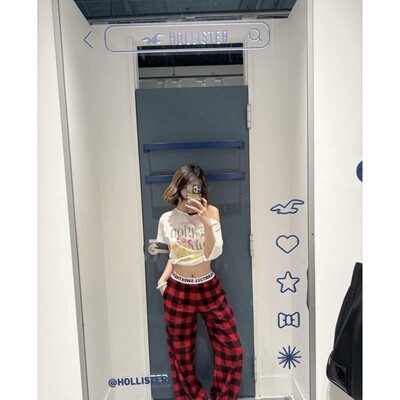 221复古格纹拼接休闲裤女