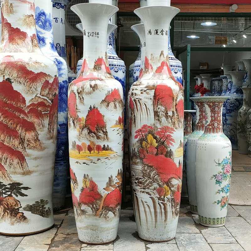 手绘釉下彩青花山水落地大花瓶摆件公司酒店庆典开业装饰品大摆件