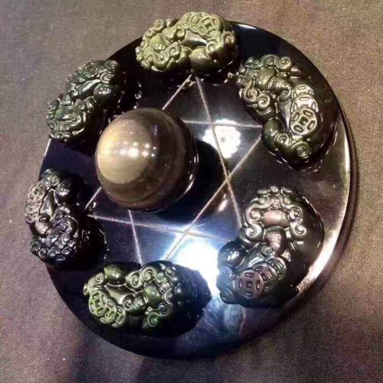 天然黑曜石七星阵貔貅摆件 家居办公饰品 皮休瑞兽 吉祥物摆饰