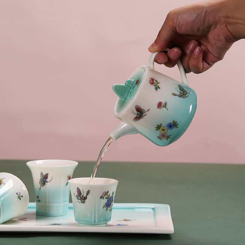 陶瓷茶具套装便携小套家用旅行办公茶具白瓷渐变三才盖碗茶壶茶具