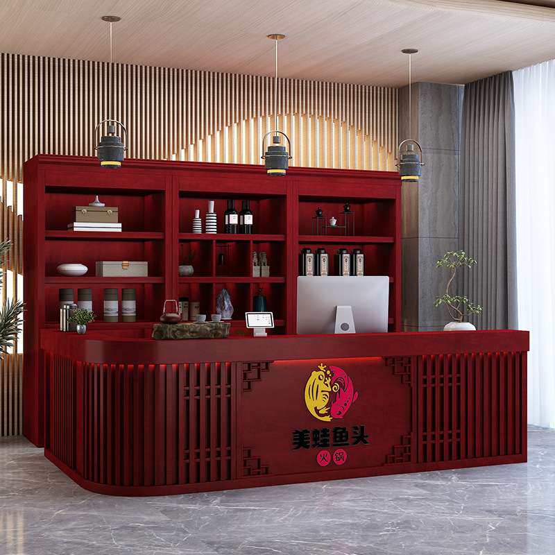 转角实木收银台酒柜一体餐饮饭店接待台弧形吧台复古L型前台