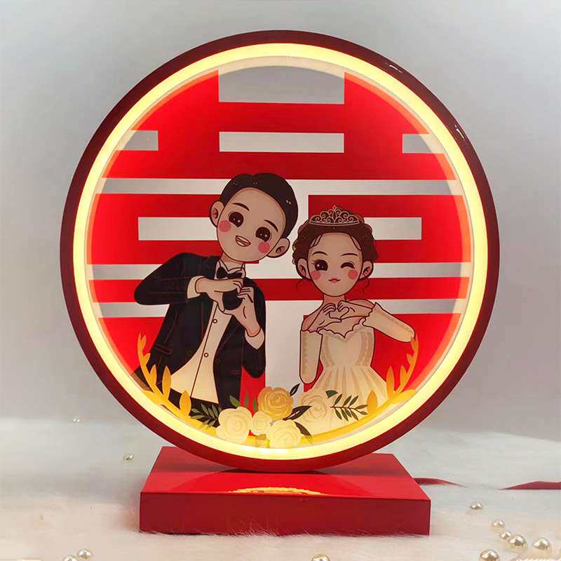 新娘结婚红色囍字床头灯圆形小夜灯中式卧室台灯婚房喜婚庆长明灯