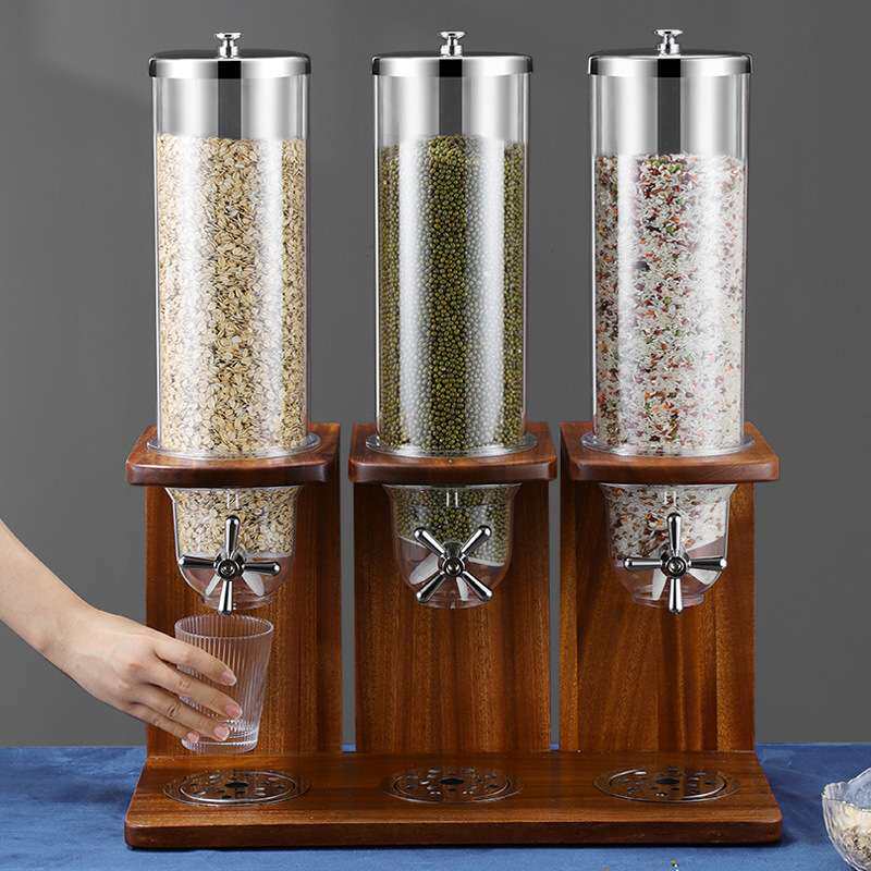 谷物分配器 酒店实木底座麦片机商用杂粮储物罐 自助餐燕麦收纳桶