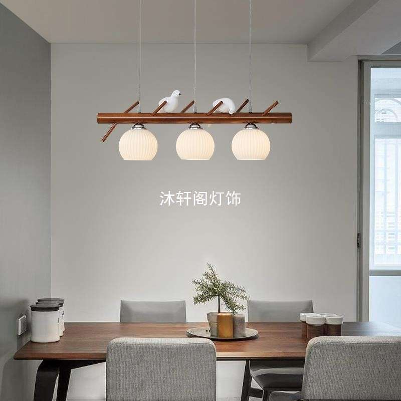 新中式餐厅灯吊灯三头长条实木吧台饭厅灯书房茶室复古小鸟餐桌灯