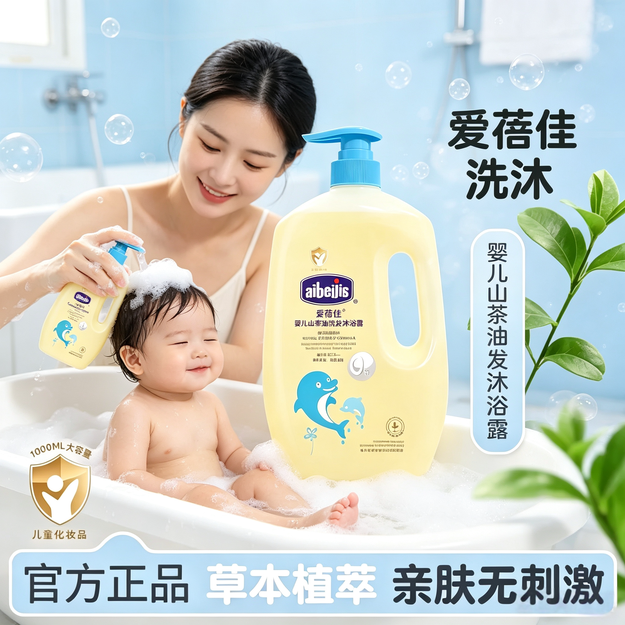洗发沐浴露二合一爱蓓佳温和植萃山茶长效亲肤呵护婴儿大容量1L装