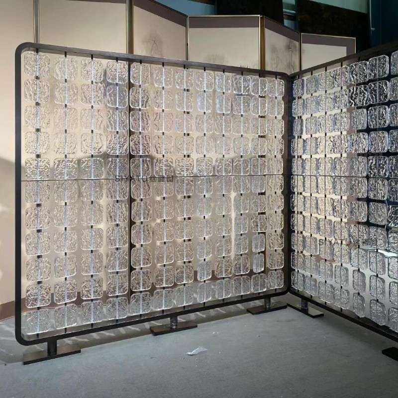 哇噢玻璃砖艺术屏风加厚不锈钢框挂片隔断餐厅酒店别墅客厅隔断