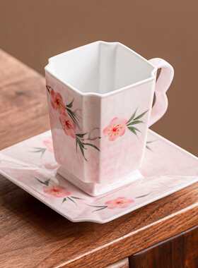 手绘桃花咖啡杯组桃粉四方陶瓷马克杯拿铁杯高颜值下午茶杯子单杯