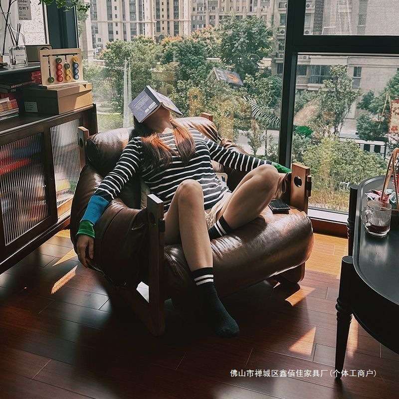 单人网红休闲躺椅皮艺懒人沙发椅意式复古油蜡皮设计师扶手椅客厅