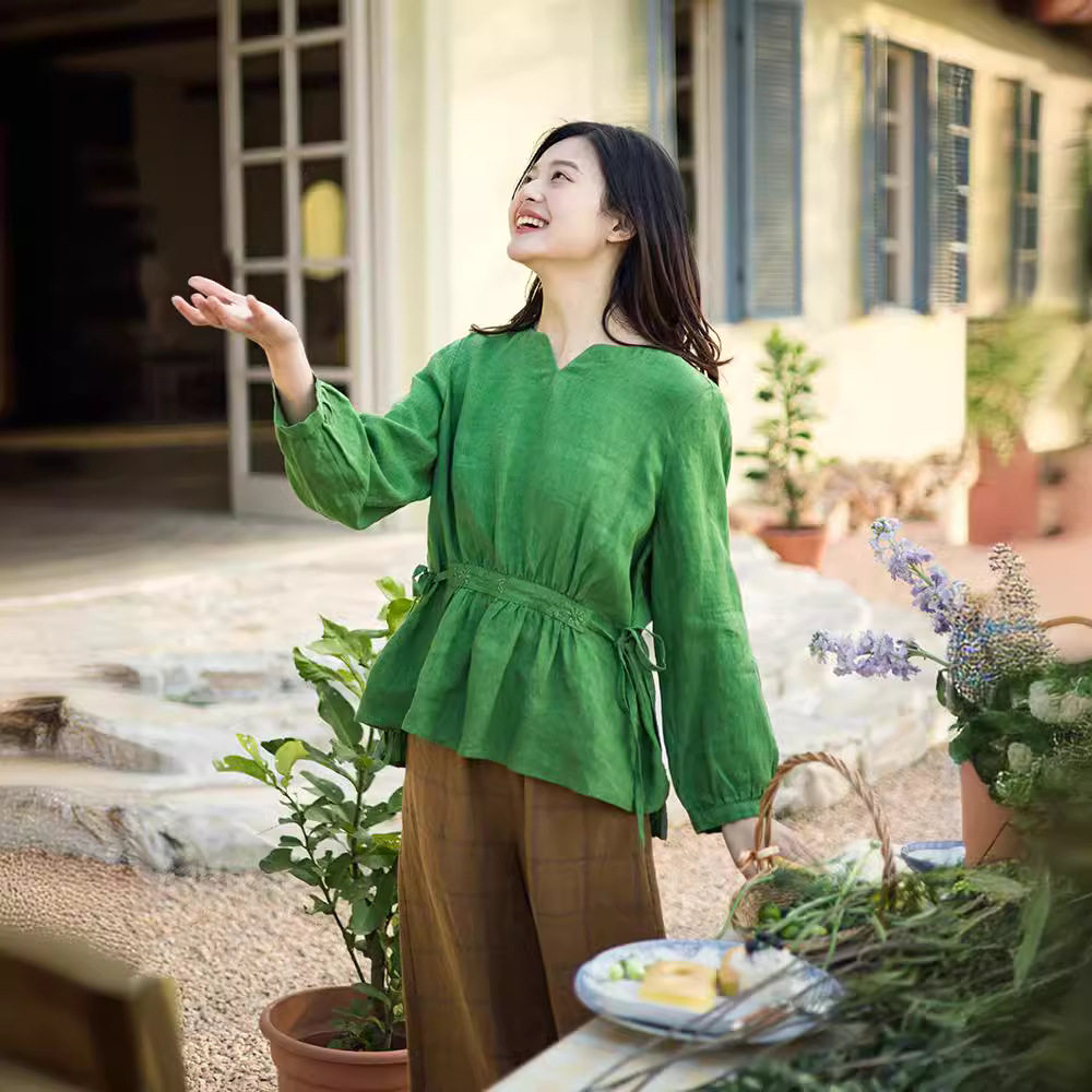 春款设计感小众亚麻衬衫女绣花拼接腰封绿色显瘦上衣