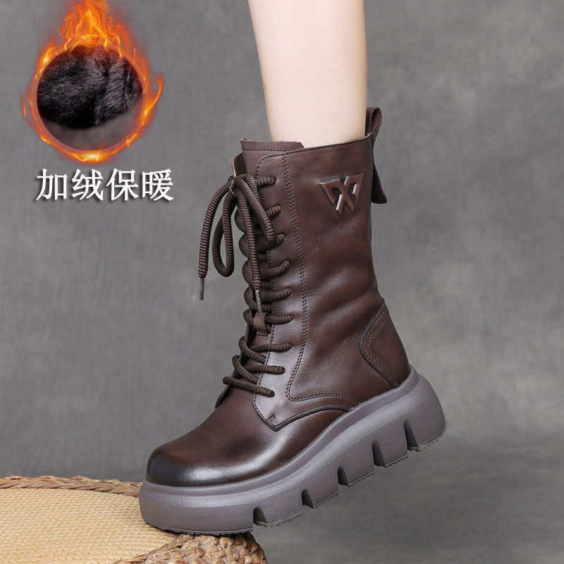 25冬款爆款头层牛皮高筒马丁靴真皮厚底小个子加绒保暖棉靴女