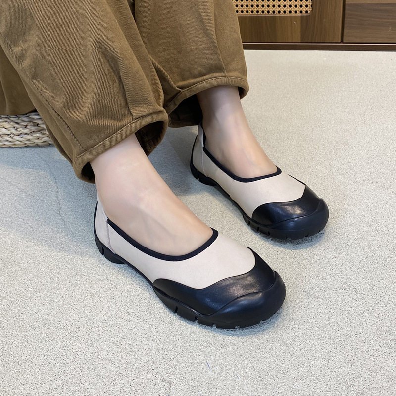 时尚百搭真皮软底平底单鞋女2025春夏新款牛皮拼色浅口鞋圆头女鞋