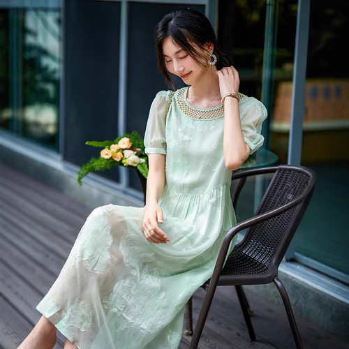 100%桑蚕丝女士夏季 领袖重工刺绣提花真丝长裙飘逸感十足连衣裙