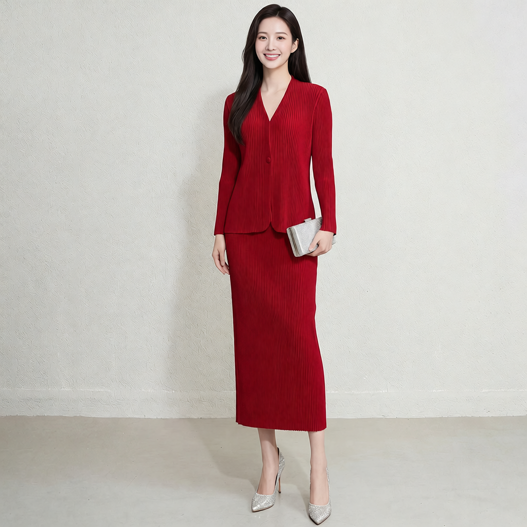 三宅风设计感褶皱套装女 春秋V领长袖西装外套高腰半身长裙两件套
