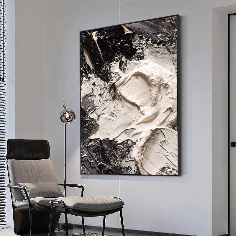 黑白立体手绘油画现代简约客厅装饰画厚肌理玄关装饰画餐厅挂画