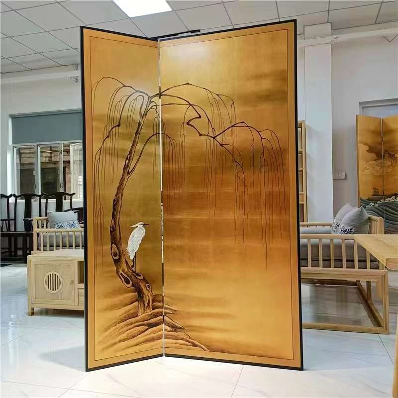 四季花屏风杨柳白鹭 新款金箔屏风漆画折叠移动隔断屏风现货