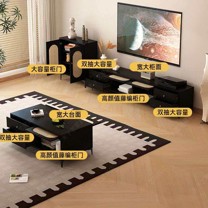 古典中式藤编黑色电视柜茶几组合客厅家用简约现代新款中古电视柜