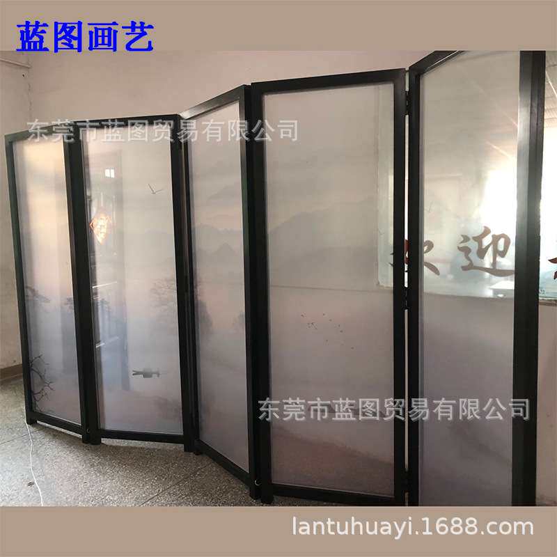 新中式双面半透明纱布画灯带滑轮折叠屏风玄关隔断酒店商用家用