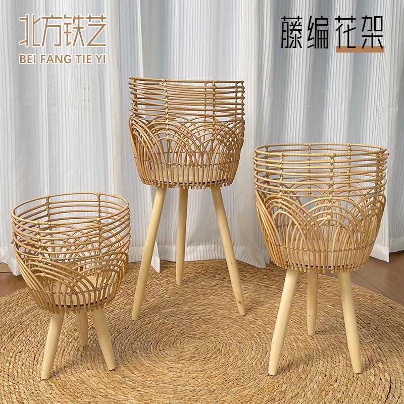 藤编花架手工花篮客厅室u内草编木质简约编织篮创意原木草编花盆