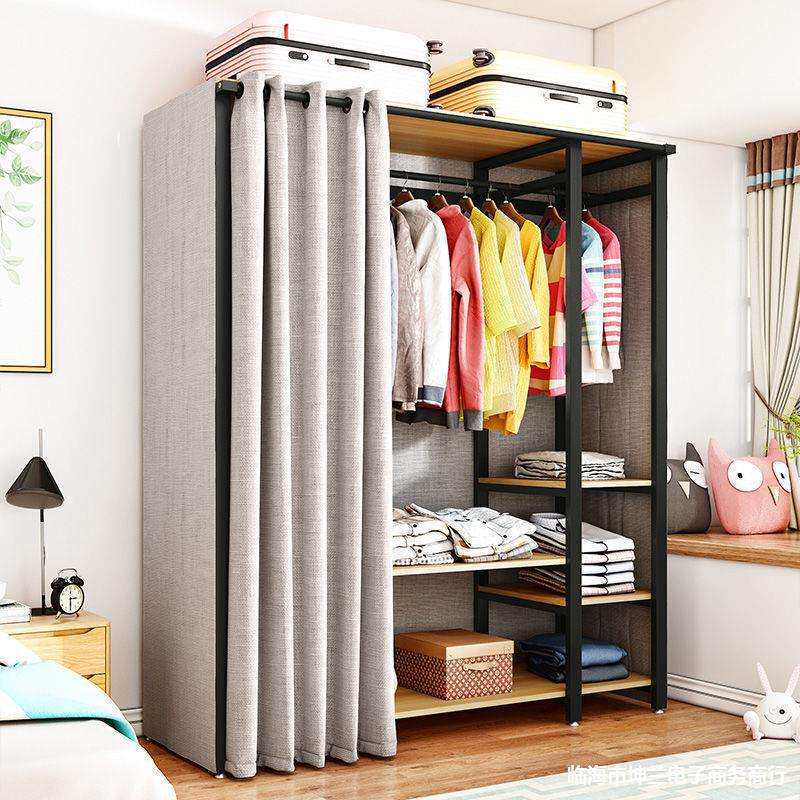 衣柜现代简约布帘门家用衣架卧室经济型实木出租房用小户型大衣橱