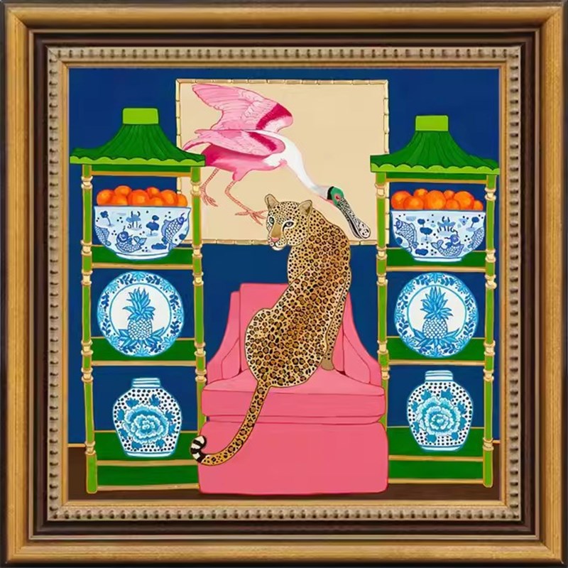 法式中国风青花瓷豹美式复古小众艺术装饰画轻奢复古田.园玄关门