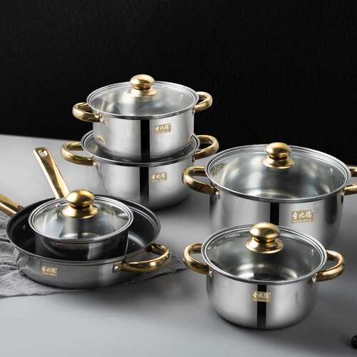 跨境电商不锈钢12件套锅具套装金色手柄水壶厨房烹饪锅具cookware
